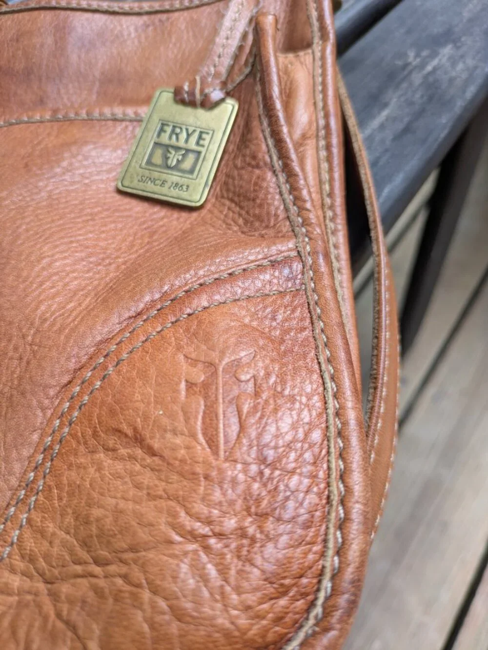 FRYE Vintage Campus Cognac Leather Crossbody Handbag w/ Logo Tag.